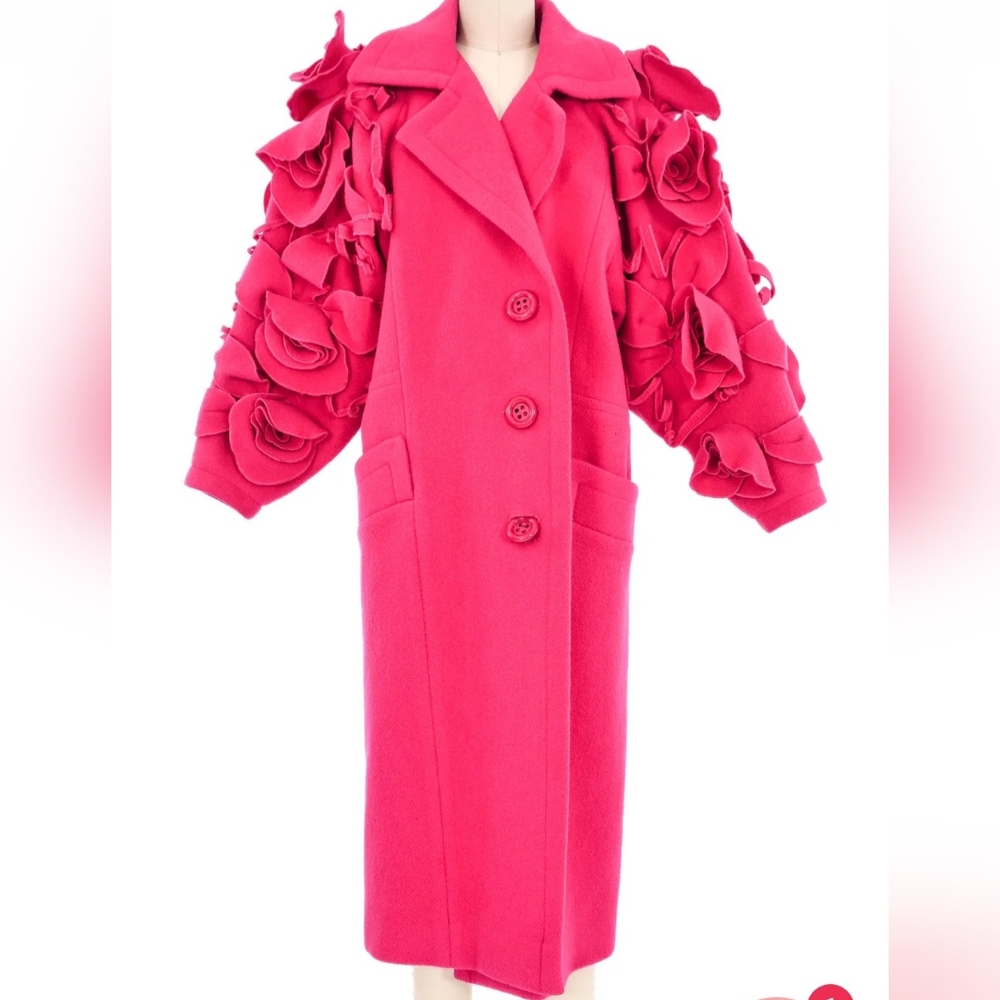 Vintage 80s KOOS Can Den Akker Coat. Wool / magenta Sz: 8. Roses on sleeves